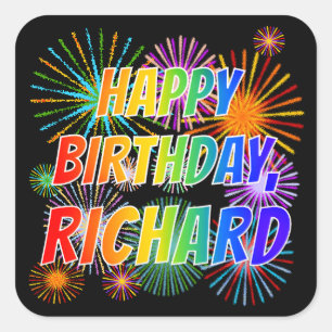 Sticker Carré Prénom "RICHARD", Amusant "HEUREUX ANNIVERSAIRE"