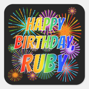 Sticker Carré Prénom "RUBY", Amusant "HEUREUX ANNIVERSAIRE"