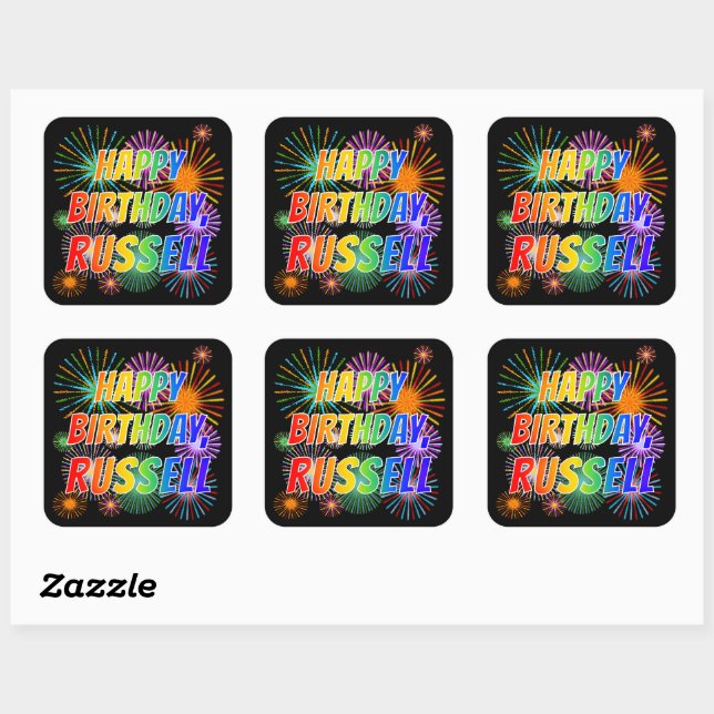 Sticker Carré Prénom "RUSSELL", Amusant "HEUREUX ANNIVERSAIRE" (Feuille)