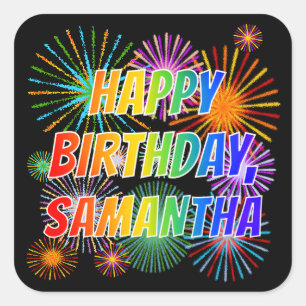 Sticker Carré Prénom "SAMANTHA", Amusant "HEUREUX ANNIVERSAIRE"