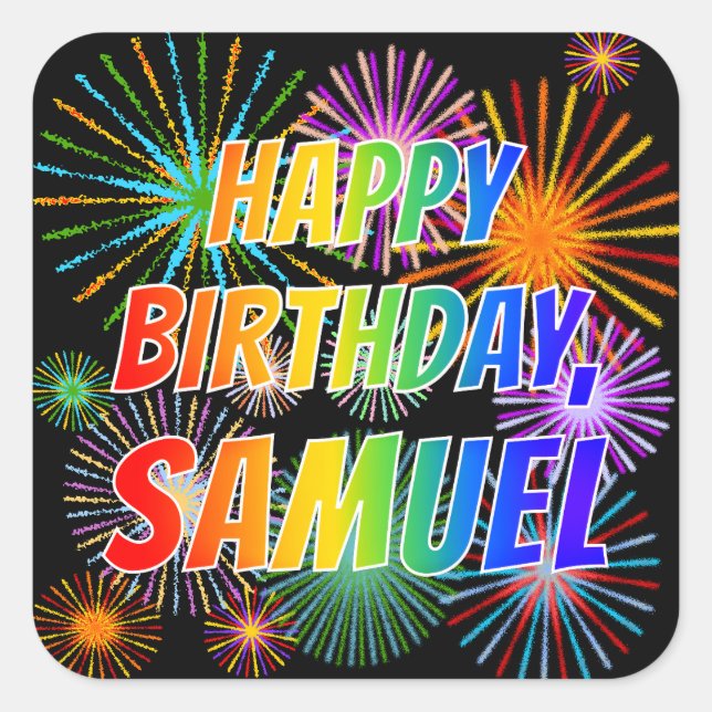 Sticker Carré Prénom "SAMUEL", Amusant "HEUREUX ANNIVERSAIRE" (Devant)