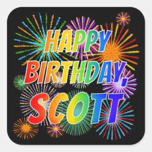 Sticker Carré Prénom "SCOTT", Amusant "HEUREUX ANNIVERSAIRE"
