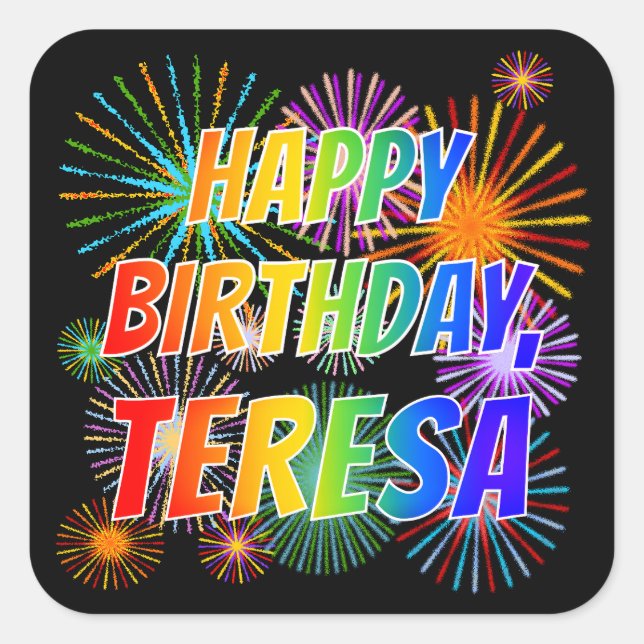 Sticker Carré Prénom "TERESA", Amusant "HEUREUX ANNIVERSAIRE" (Devant)