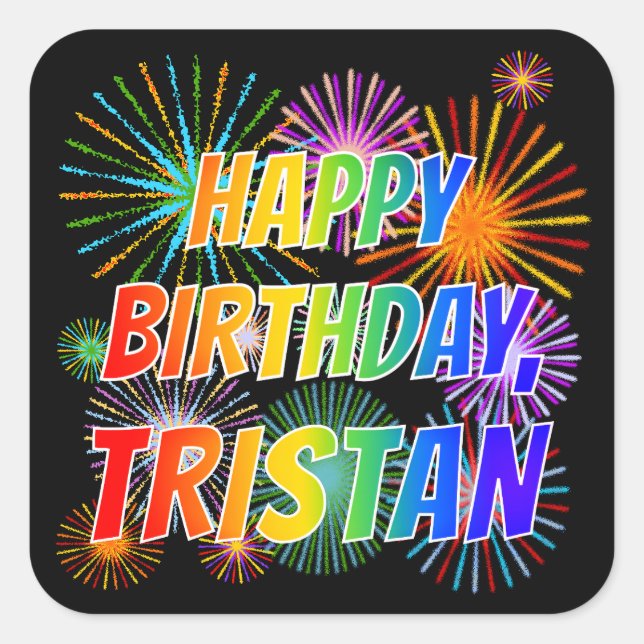 Sticker Carré Prénom "TRISTAN", Amusant "HEUREUX ANNIVERSAIRE" (Devant)