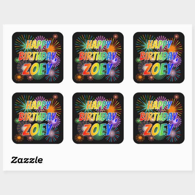 Sticker Carré Prénom "ZOEY", Amusant "HEUREUX ANNIVERSAIRE" (Feuille)