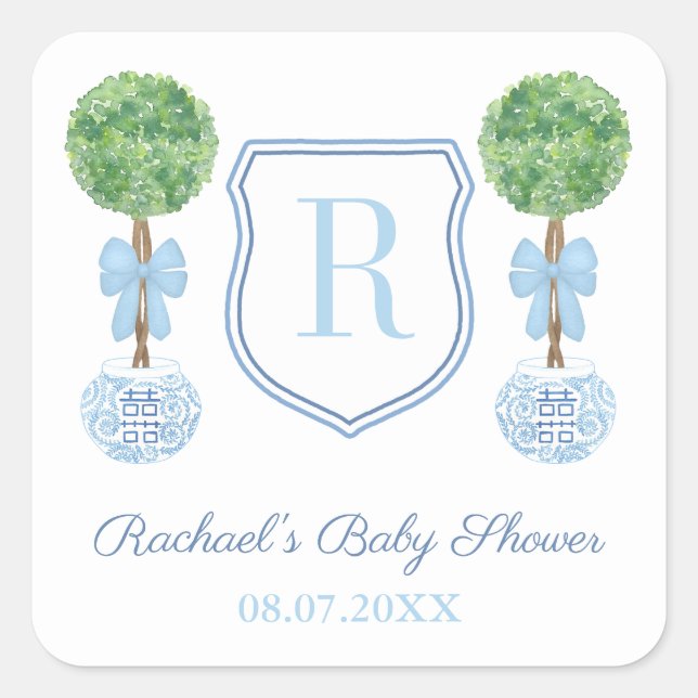 Sticker Carré Préppy Blue Monogram Boxwood Baby shower Favoriser (Devant)