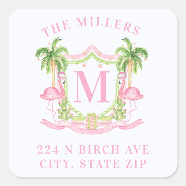 Sticker Carré Preppy Christmas Flamingo Crest Monogram (Devant)