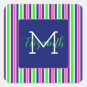 Sticker Carré Preppy rose Green Navy Bleu Stripe Monogramme