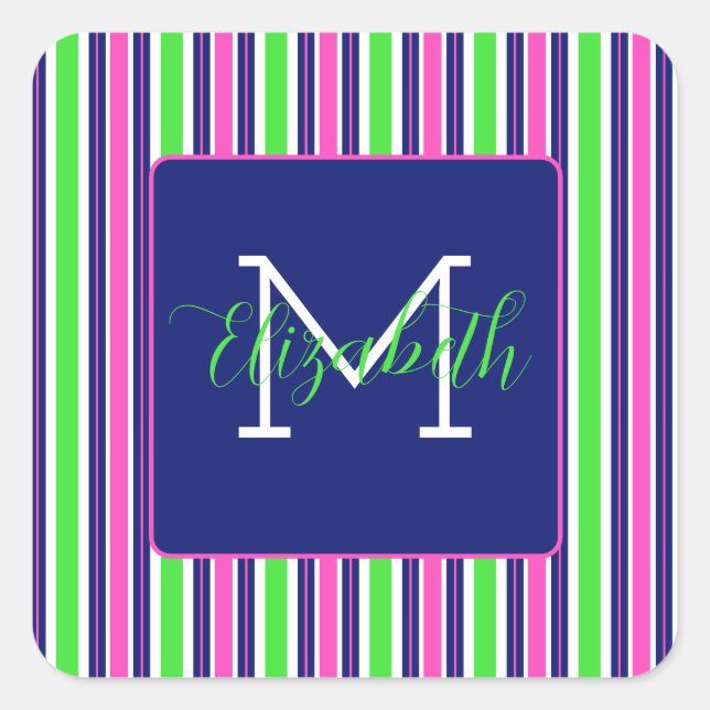 Sticker Carré Preppy rose Green Navy Bleu Stripe Monogramme (Devant)