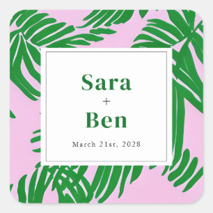 Sticker Carré Preppy rose + Green Palm Trees Mariage