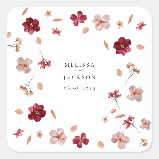 Sticker Carré Pressé rose rouge et crème, design Mariage floral (Devant)