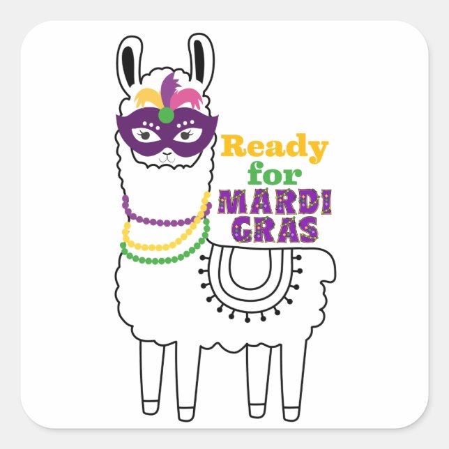 Sticker Carré Prêt pour Mardi Gras lama masque perles plumes (Devant)