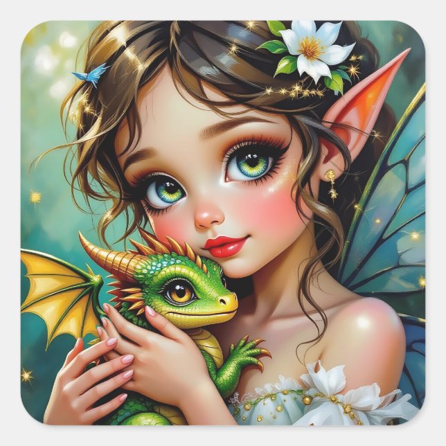 Sticker Carré Pretty  Fairy and Dragon Themed Girl's   (Devant)