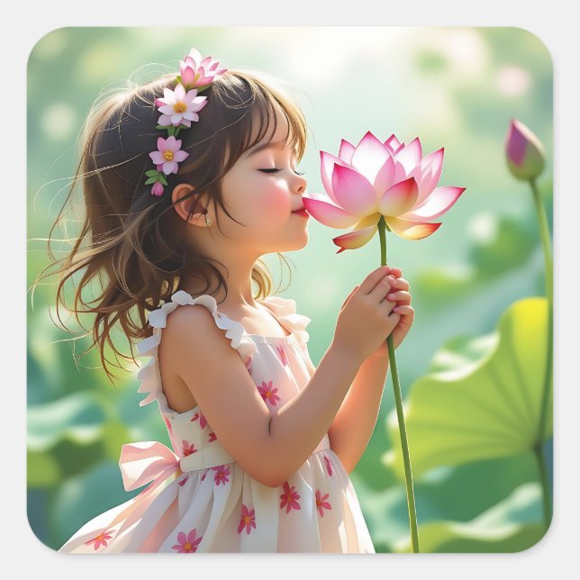 Sticker Carré Pretty Little Girl Smelling a Pink Rose (Devant)