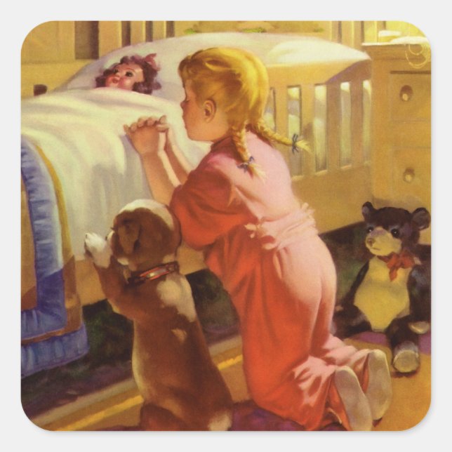 Sticker Carré Prières au coucher, Fille avec chiot, Religion Vin (Devant)
