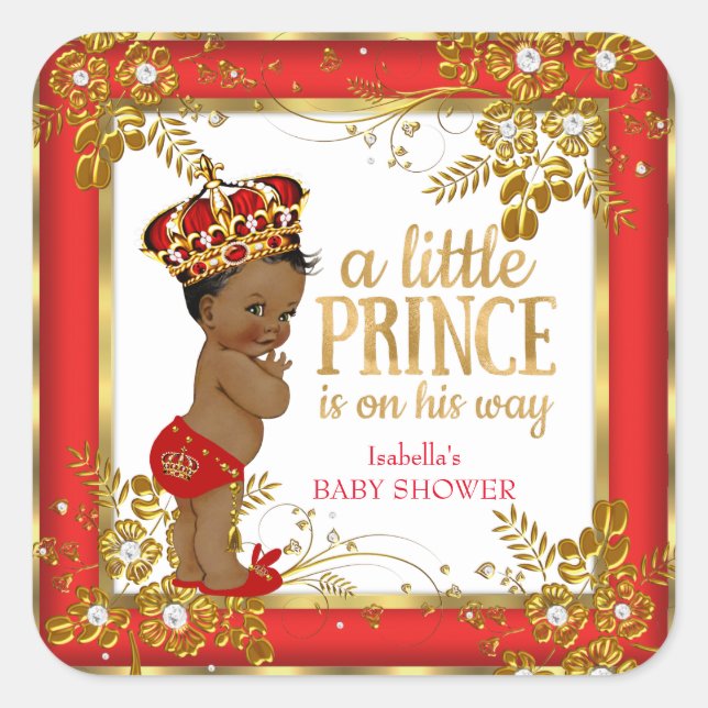 Sticker Carré Prince Baby shower Boy Red Gold White Ethnic (Devant)