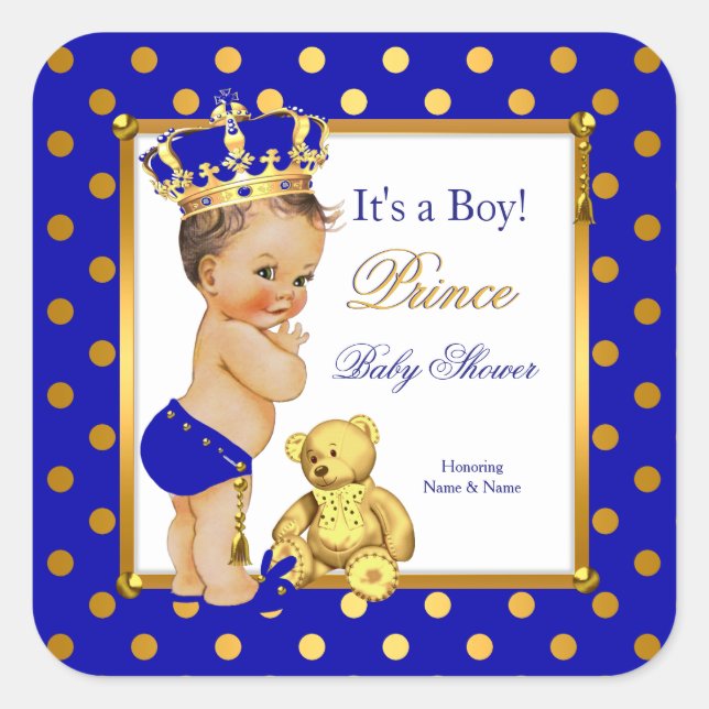 Sticker Carré Prince Baby shower Boy Royal Blue Gold Brunette (Devant)
