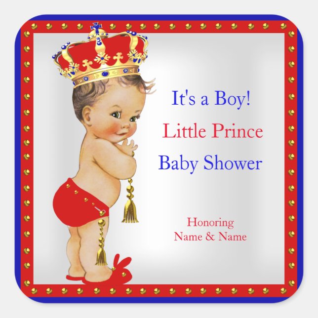 Sticker Carré Prince Baby shower Rouge Blanc Bleu Garçon Brunett (Devant)