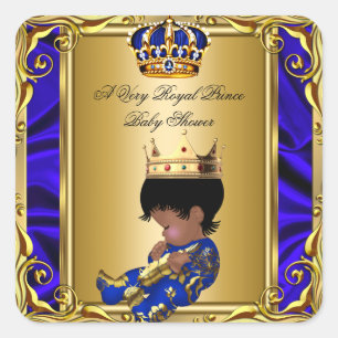 Sticker Carré Prince Royal Bleu Baby Shower Régal Or Garçon
