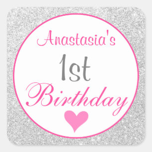 Sticker Carré Princess Pink & Silver Parties scintillant 1er ann