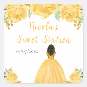 Sticker Carré Princesse à peau foncée Fleurs dorées Sweet Sixtee