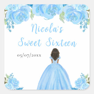 Sticker Carré Princesse à peau foncée Fleurs Florales Bleues Swe