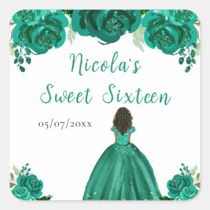 Sticker Carré Princesse à peau foncée Fleurs Florales Vertes Swe