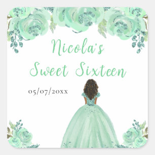 Sticker Carré Princesse à peau foncée Menthe Floral Sweet Seize