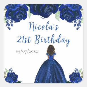 Sticker Carré Princesse à peau noire Fête d'anniversaire Navy Fl