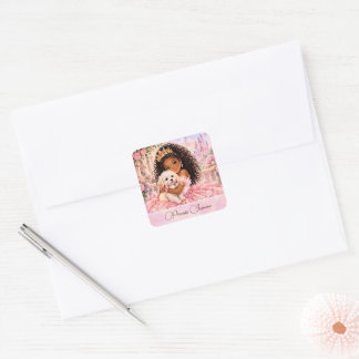 Sticker Carré Princesse Afro-Américaine avec chiot 6ème annivers