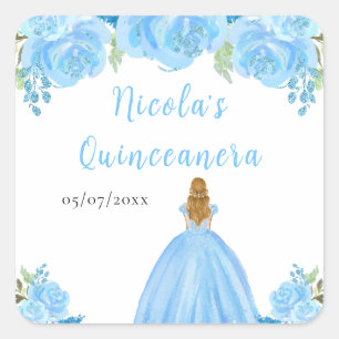 Sticker Carré Princesse aux Cheveux Blonds Quinceanera Florale B