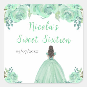 Sticker Carré Princesse aux Cheveux Bruns Fleur Florale Menthe S