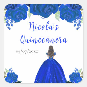 Sticker Carré Princesse aux Cheveux Bruns Quinceanera Floral Ble
