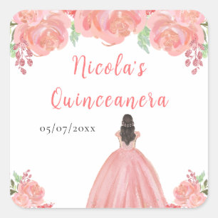 Sticker Carré Princesse aux Cheveux Bruns Quinceanera Floral Ros