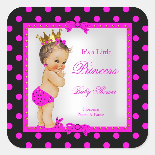 Sticker Carré Princesse Baby shower fille Hot rose Brunette (Devant)