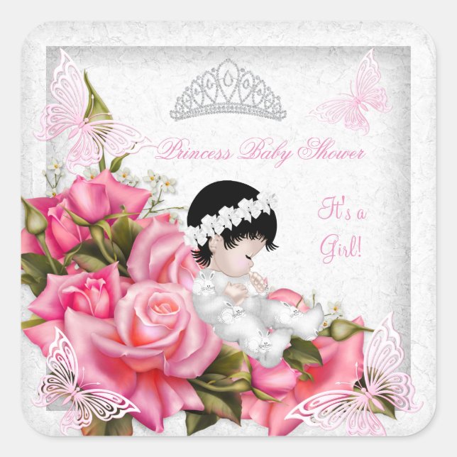 Sticker Carré Princesse Baby shower Fille Papillon rose Rose Ros (Devant)