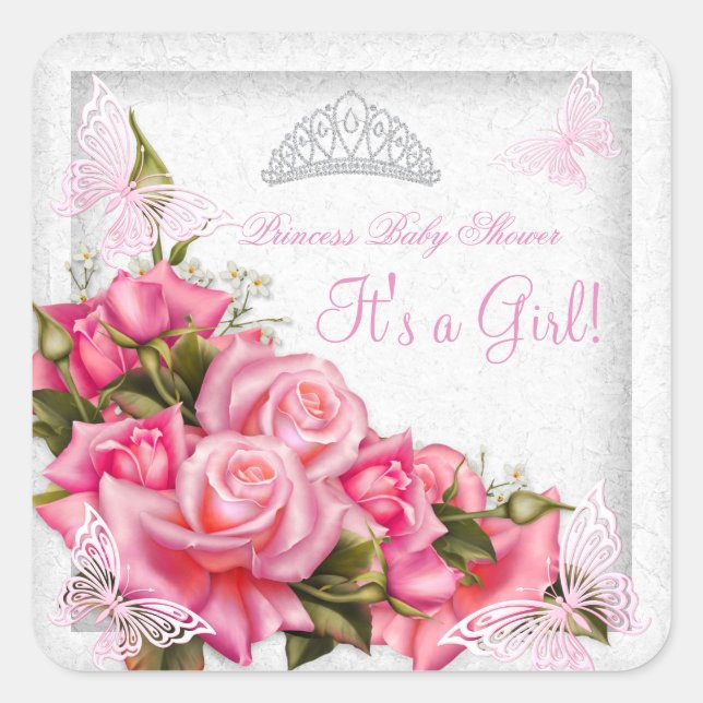 Sticker Carré Princesse Baby shower Fille Papillon rose Rose Ros (Devant)