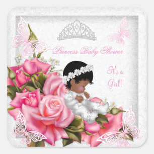 Sticker Carré Princesse Baby shower Fille Papillon rose Rose Ros