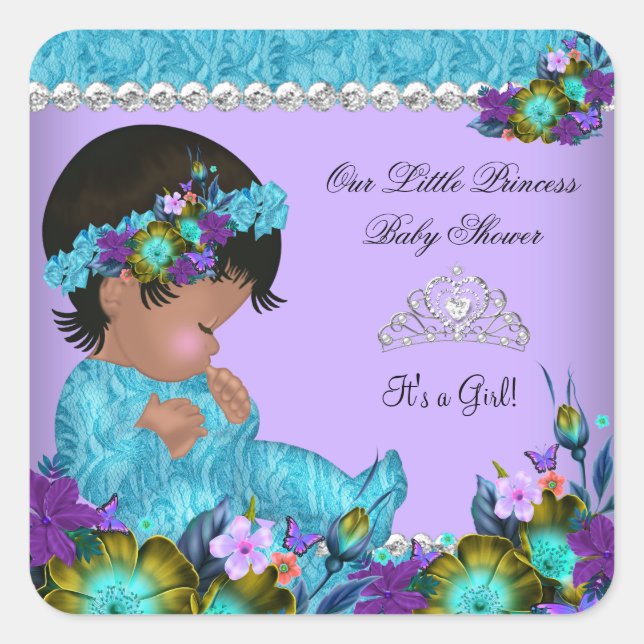 Sticker Carré Princesse Baby shower fille Turquoise bleu pourpre (Devant)