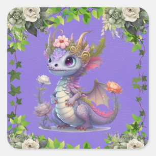 Sticker Carré Princesse Dragon avec Florals Girl Baby shower
