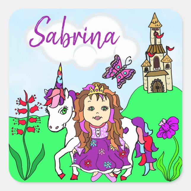 Sticker Carré Princesse et Château Unicorn personnalisés (Devant)