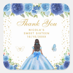 Sticker Carré Princesse Fleur Bleue Peau Foncée Sweet Sixteen