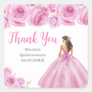 Sticker Carré Princesse florale en robe rose clair Quinceanera