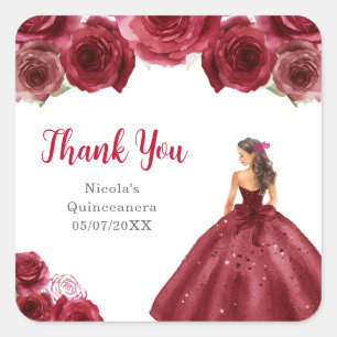 Sticker Carré Princesse florale en robe rouge pour Quinceanera