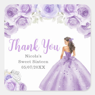 Sticker Carré Princesse florale en robe violette Sweet Sixteen