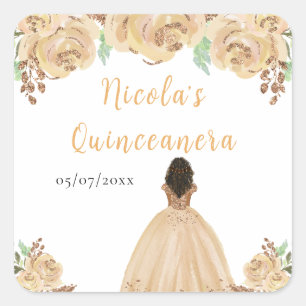 Sticker Carré Princesse Peau Noire Peach Floral Quinceanera