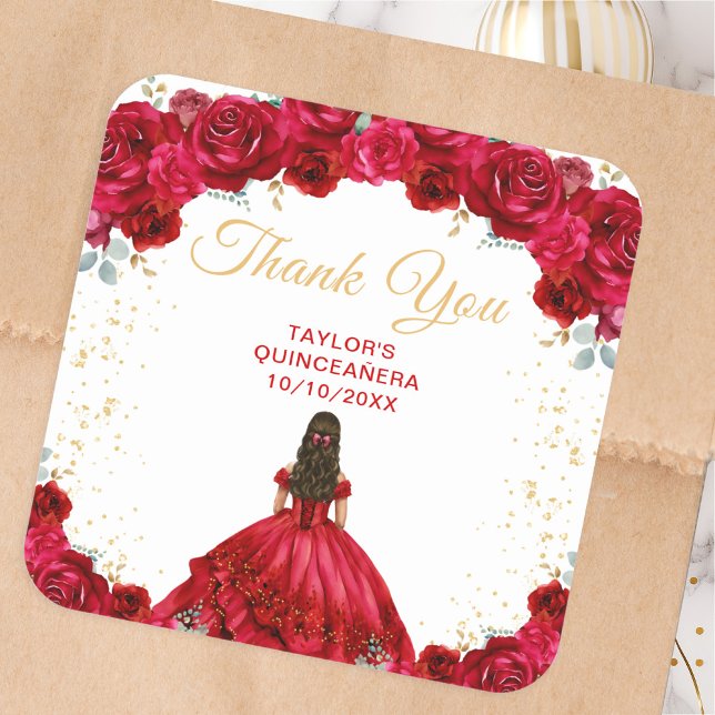 Sticker Carré Princesse Rouge Quinceañera Merci (Créateur téléchargé)