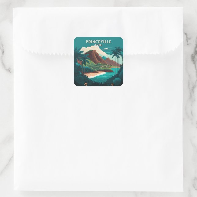 Sticker Carré Princeville Kauai Hawaii Beach Mounts Retro (Sac)