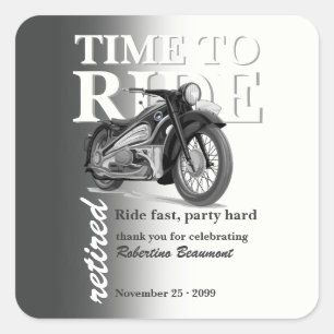 Sticker Carré Promenade en moto grise classique, fête de retrait