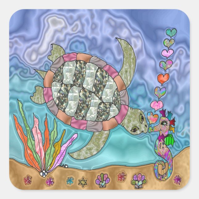 Sticker Carré Psychédélic Sea Turtle Seahorse (Devant)